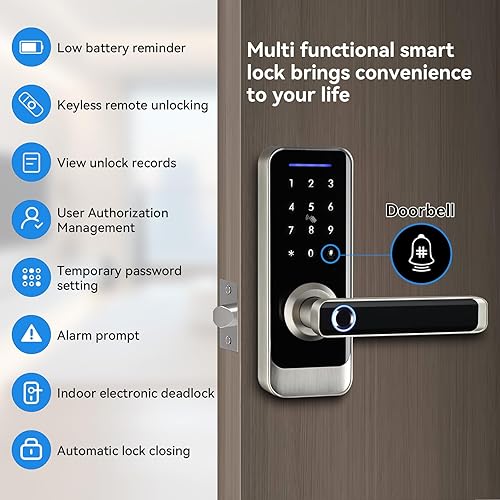 Miniatura 4 de Cerradura de puerta delantera inteligente con manija de palanca, teclado de entrada sin llave, cerrojo de huella dactilar, control de aplicación,
