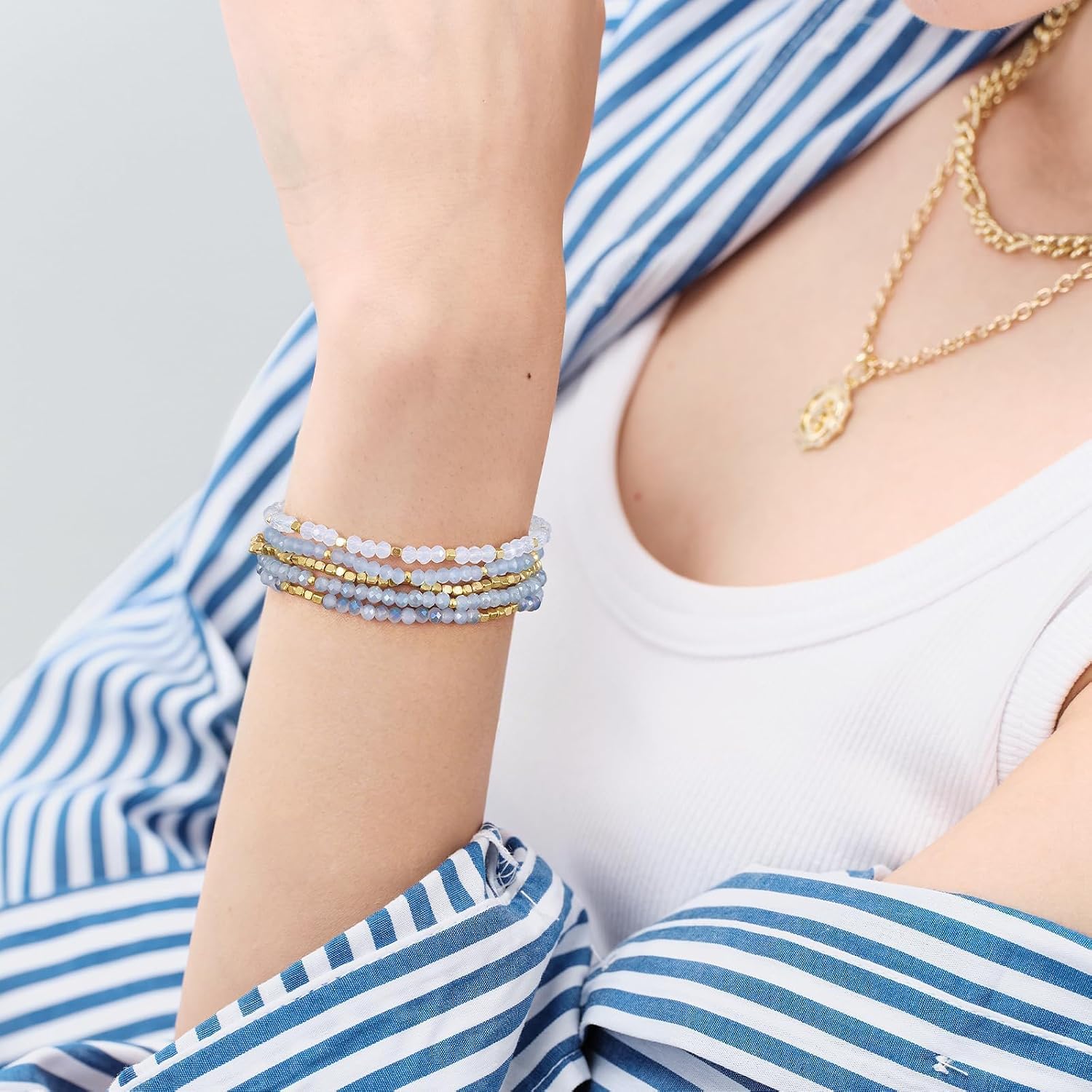 KissYan Stackable Crystal Beaded Bracelets for Women, 14K Gold Plated Layering Boho Stretch Bracelet Set, Handmade Gemstone Summer Beach Jewelry Gifts