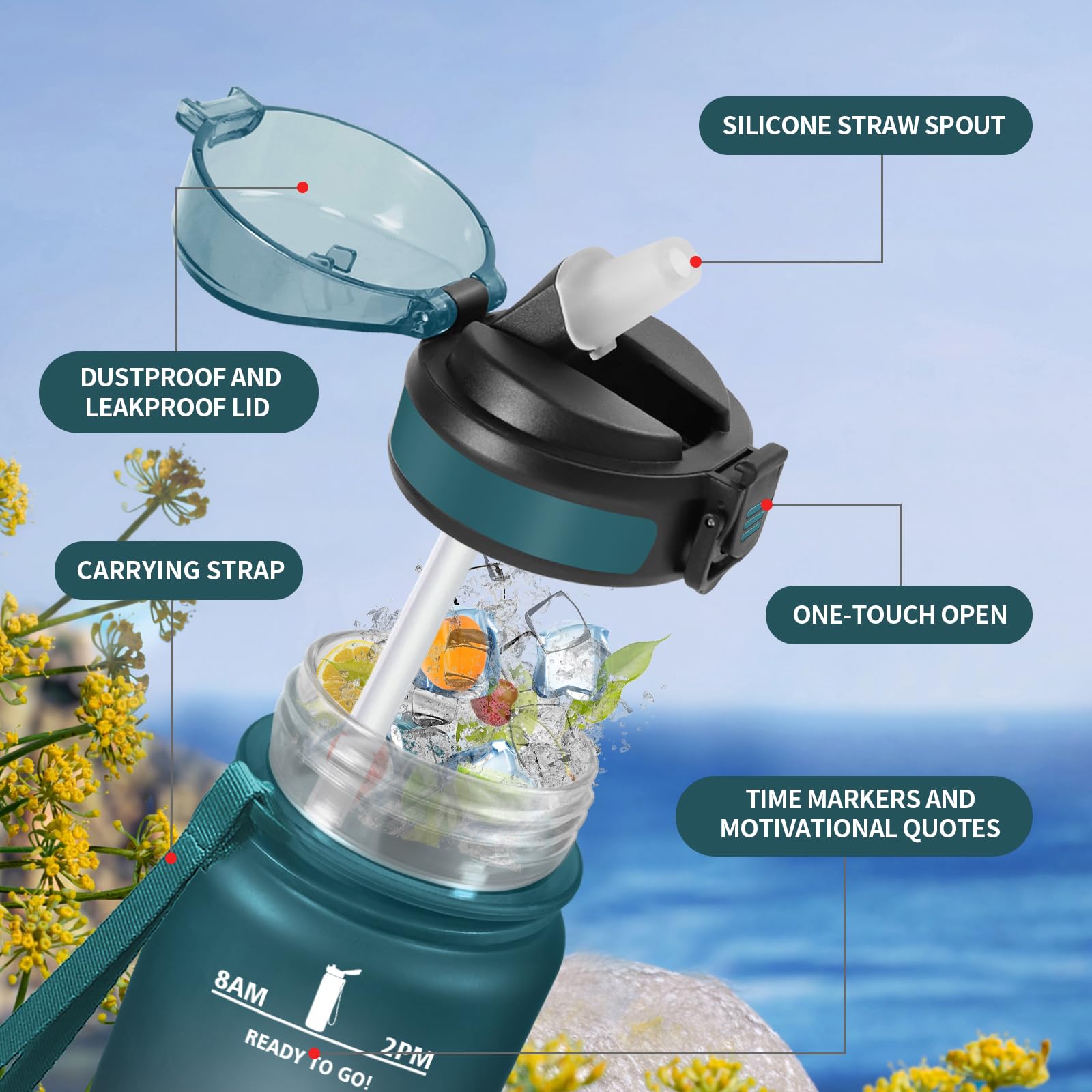 Borraccia Sportiva 1L, Bottiglia con Cannuccia, a Prova di Perdite, Facile Pulizia, Bottiglia Acqua Motivazionale con Indicatore del Tempo, per Campeggio, Ciclismo, Scuola, Ufficio, Lavoro, Gym