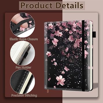 Lined Journal Notebook for Work Writing Women Men Note Taking Diary Gifts, 200 Pages, 5.75'' X 8.46'', A5 Journaling Notebooks,Hardcover Notebook Journals, Cherry Blossom Black Background
