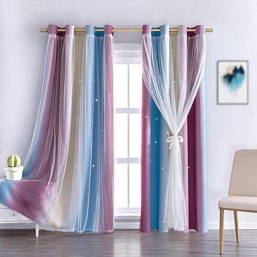 Miniatura 9 de Anytime Cortinas con recortes de estrellas para habitación de niñas, cortinas negras para ventanas (verde, 1 panel, 52 pulgadas de ancho x 72