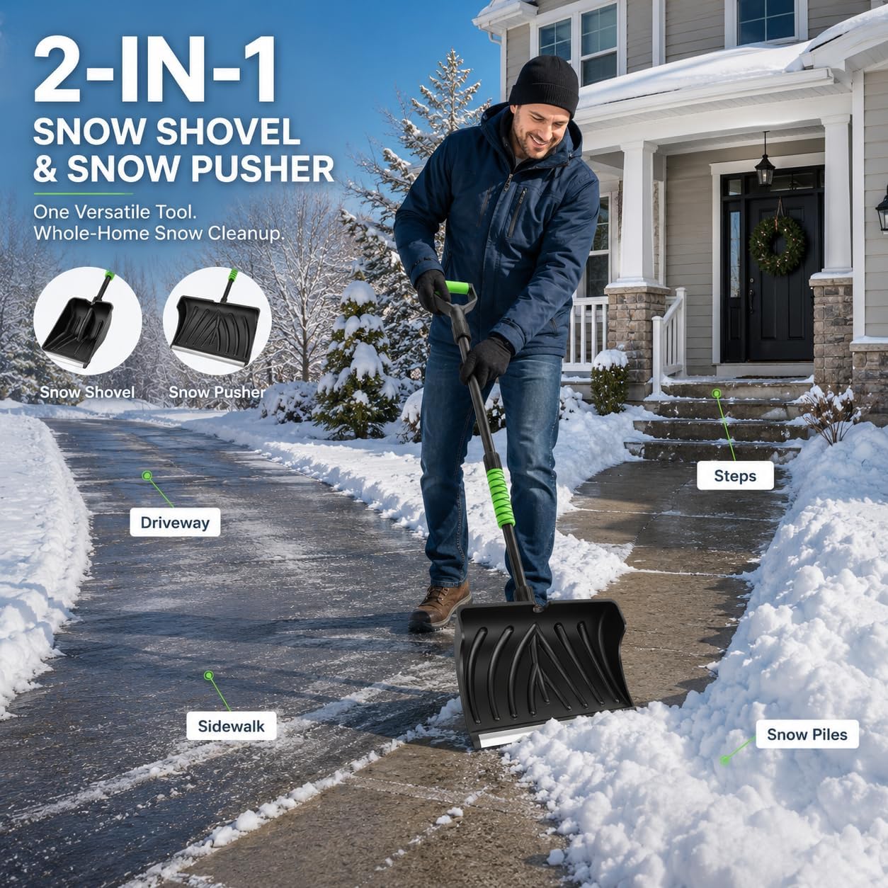 DMJN 2-in-1 Snow Pusher & Snow Shovel for Driveways and Sidewalks, Wide Snow Removal Shovel for Fast Clearing, Push and Scoop Snow Tool for Steps, Walkways, Garage and Outdoor Winter Use