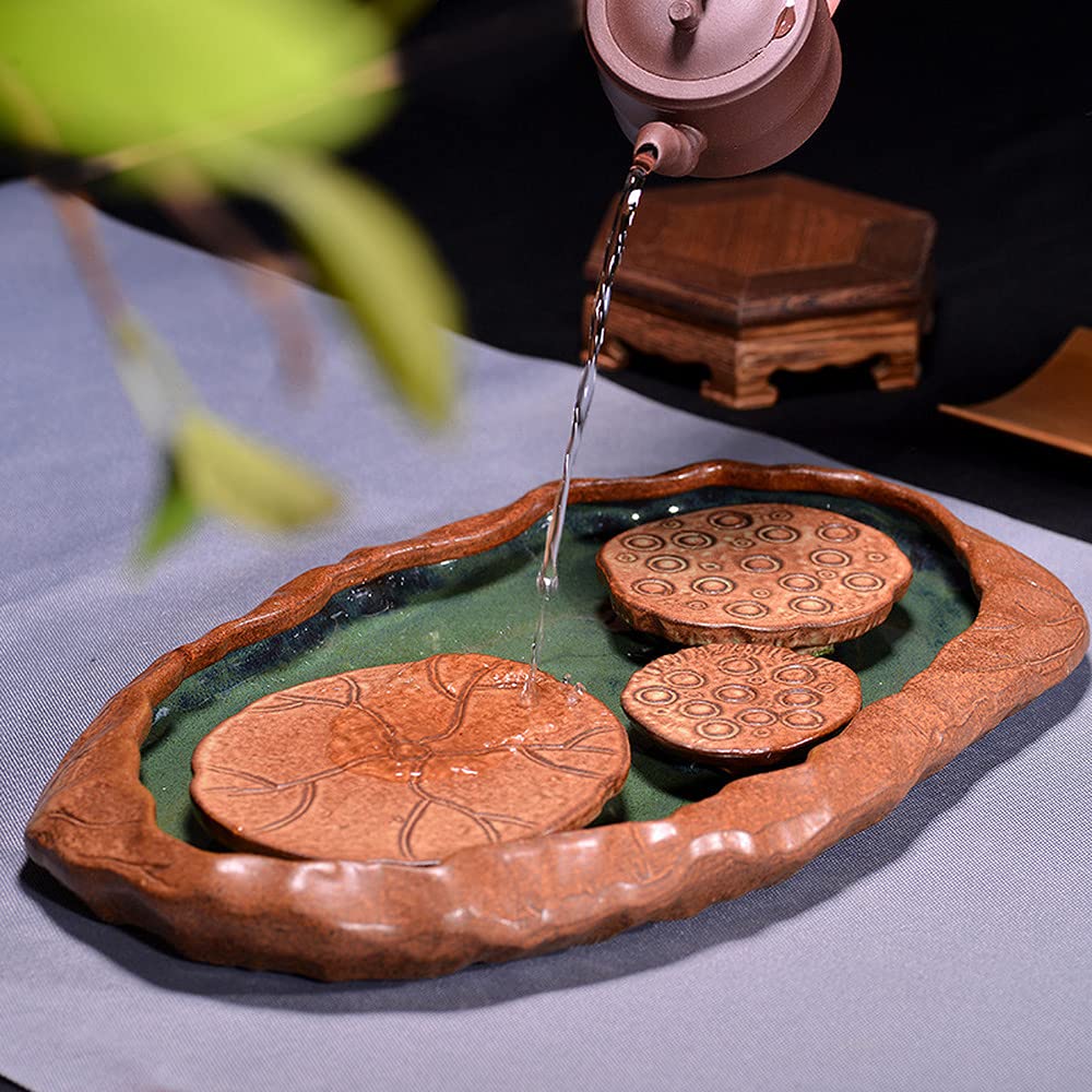 Bandeja de té Simple for el hogar,Bandeja for Servir té,Bandeja de té Cerámica cruda Burbuja Seca Platillo de té Almacenamiento Agua Hoja de Loto Teaboard Juego de té