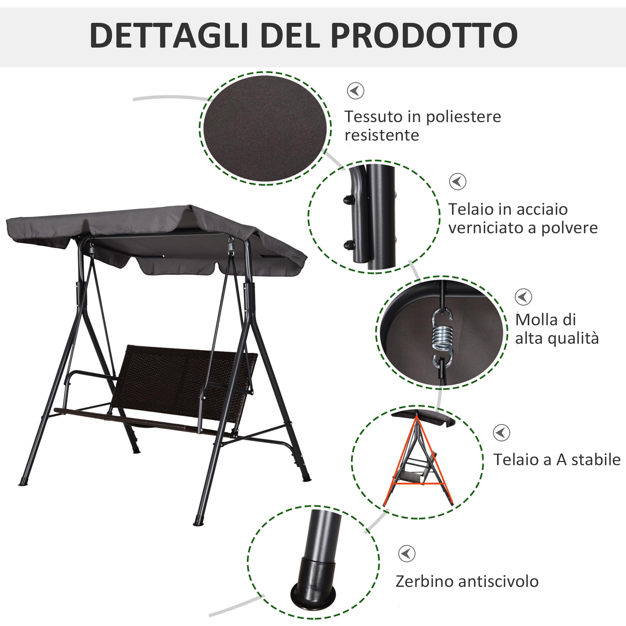 Outsunny Dondolo da Giardino 2 Posti in Rattan con Tettuccio Parasole Regolabile, Dondolo da Esterno con Struttura in Acciaio, Portata 180 kg, 140x110x151 cm, Marrone e Grigio