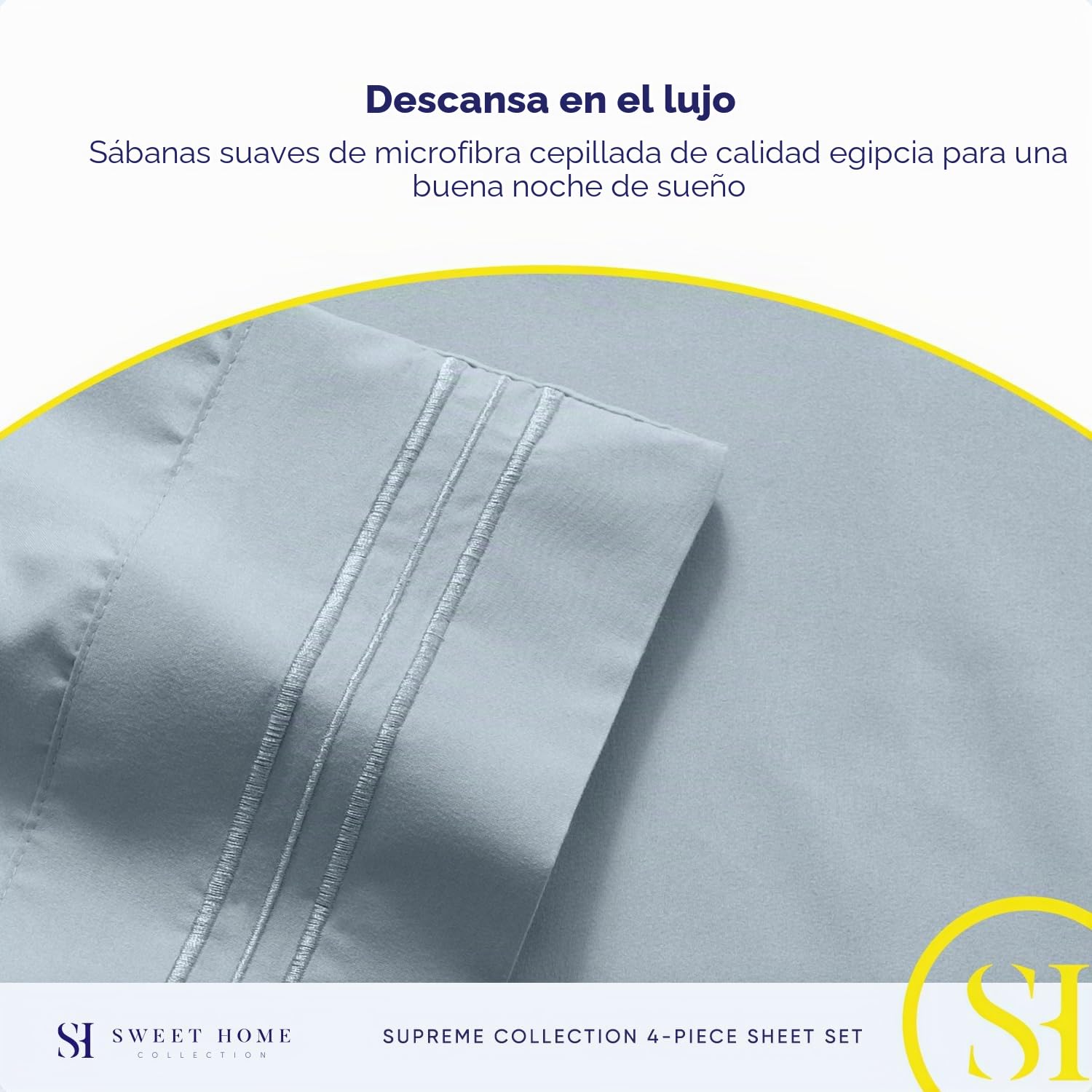Sweet Home Collection Juego de Ropa de Cama de Lujo con sábana encimera, sábana Bajera, 2 Fundas de Almohada, Microfibra, Azul Niebla, tamaño Queen