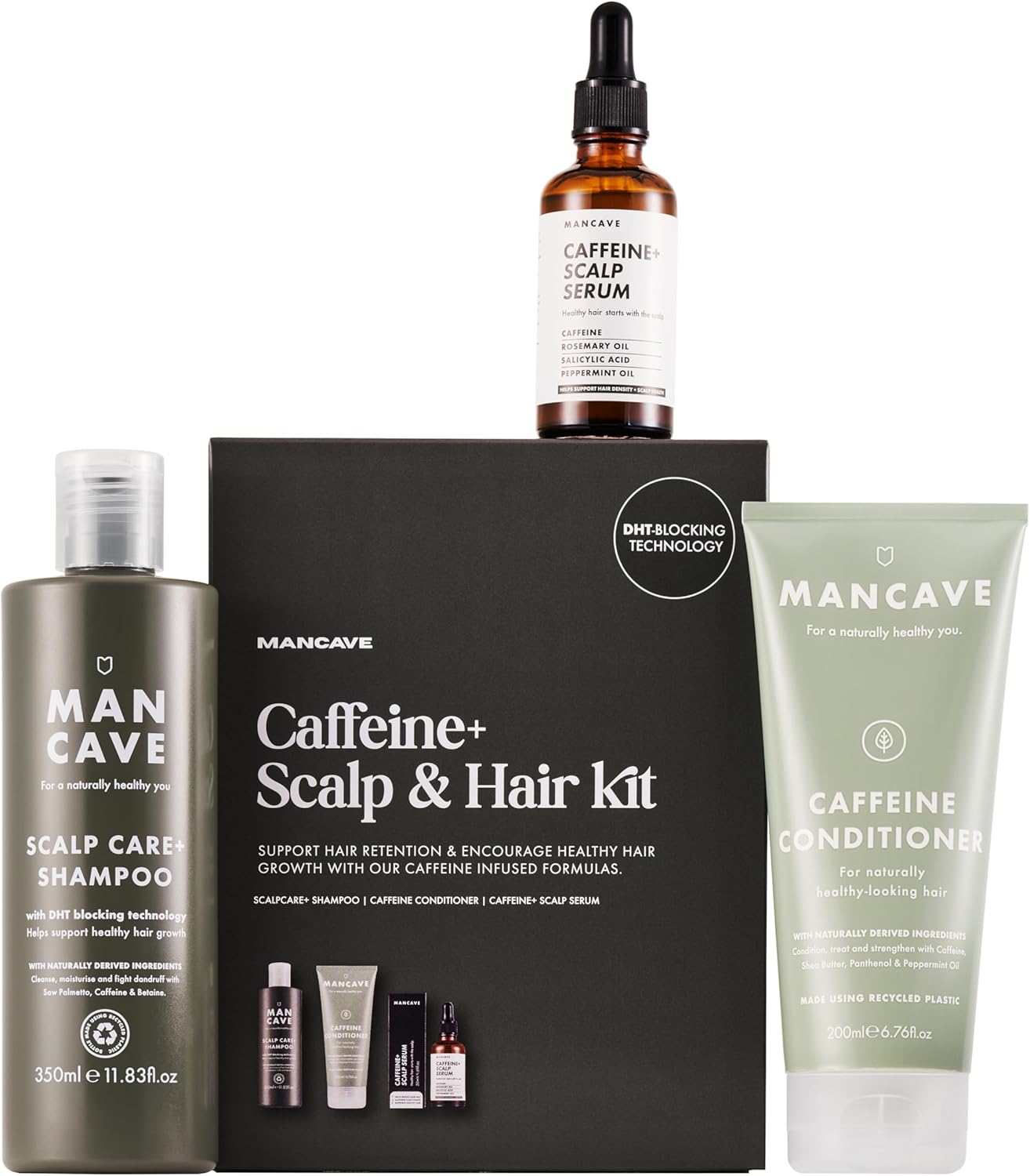 ManCave Caffeine+ Scalp & Hair Kit with 3 Haircare Essentials for Healthier Hair and Scalp, Scalp Care Shampoo, Caffeine Conditioner and Caffeine+ Scalp Serum, Sulphate Free, Vegan, Cruelty Free