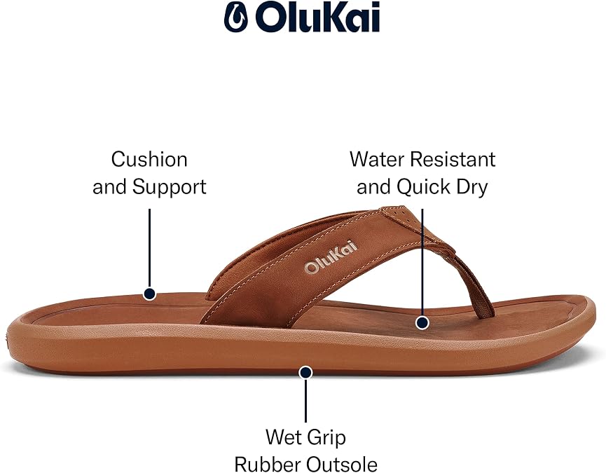 OLUKAI Pili Men's Leather Sandals, Sleek & Versatile Design, Comfortable & Waterproof Straps, Arch Support & Everyday Wear