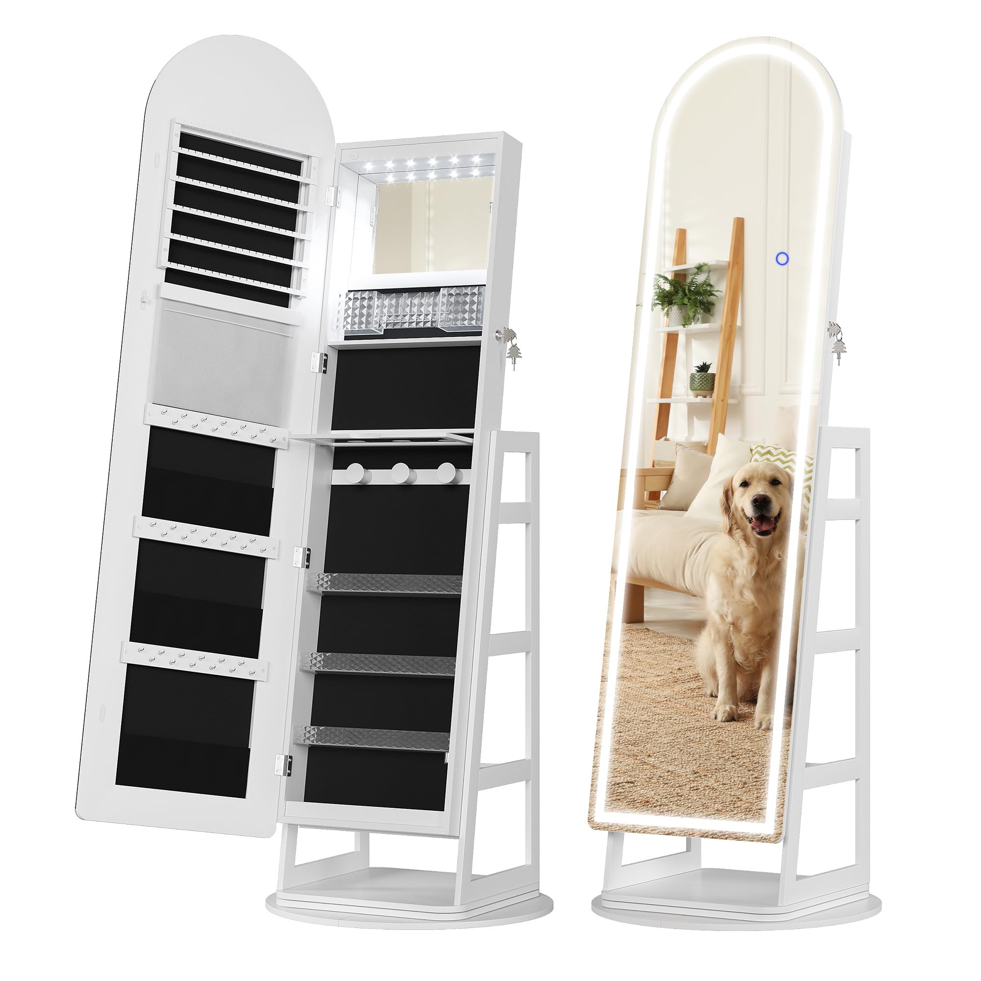 TAGELIER LED Schmuckschrank mit Spiegel, 360° drehbar, Weiß | Bogenförmiger Ganzkörperspiegel mit integrierter LED-Beleuchtung und zusätzlichem Innenspiegel