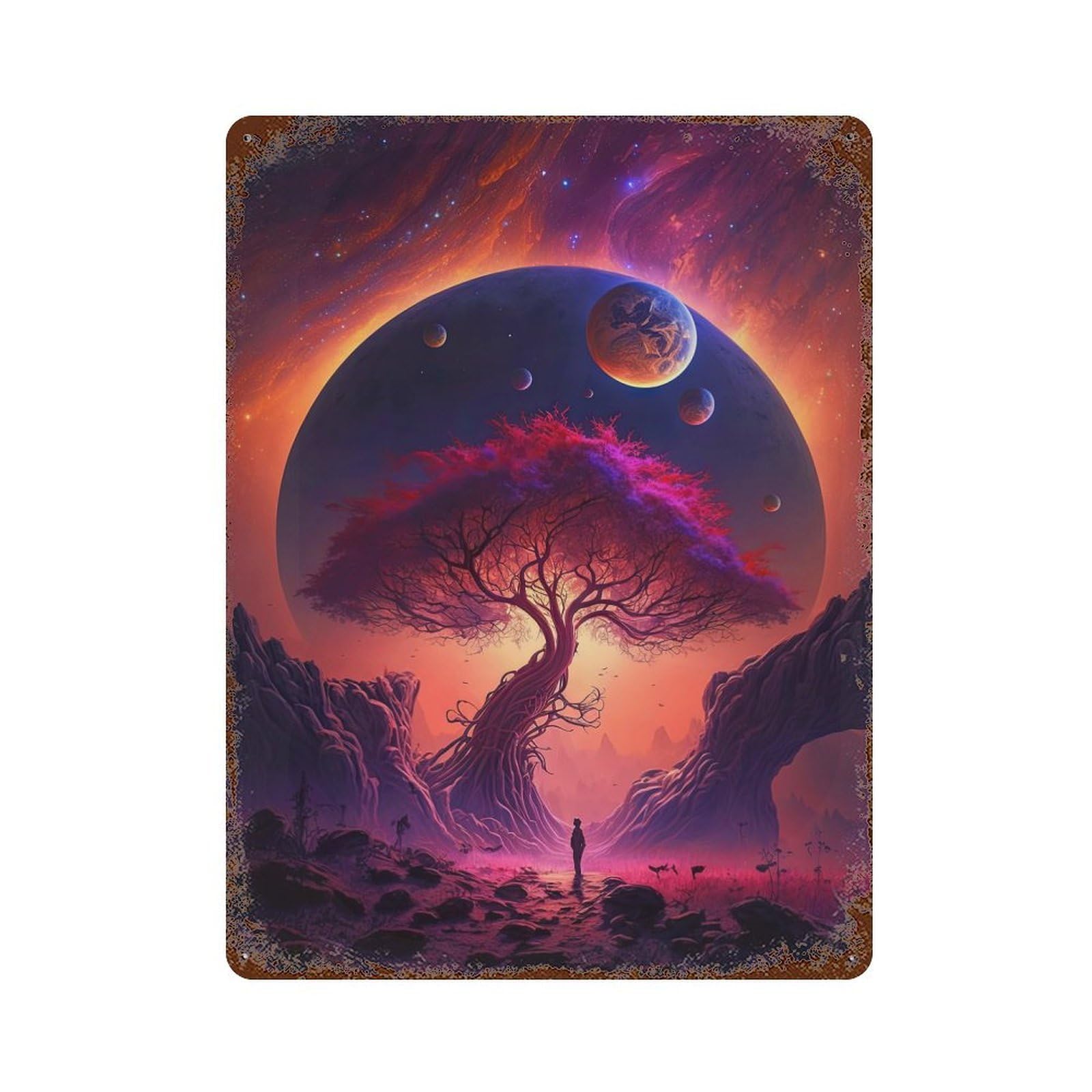The Cosmic Arboreal Rust Effect Tin Sign 15.7"x11.8", Ideal for Cafe, Home Bar And Lounge Decor