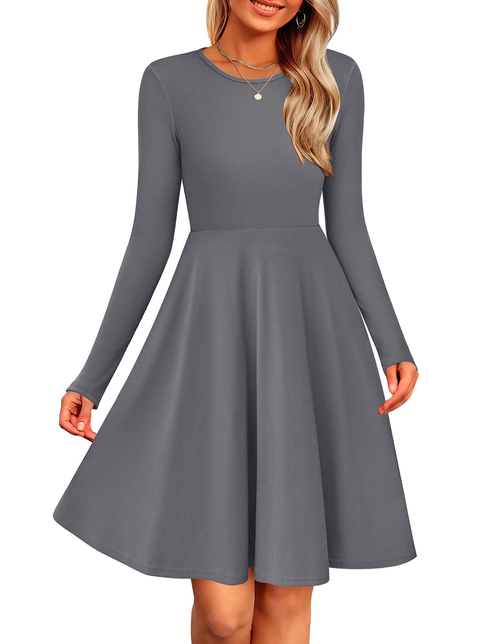 ZEAGOO Strickkleid Damen Herbst Langarm Rundhals Kleid Elegant A-Linie Winterkleid Einfarbig Tunika Kleid Leichte Pulloverkleid S-XXL