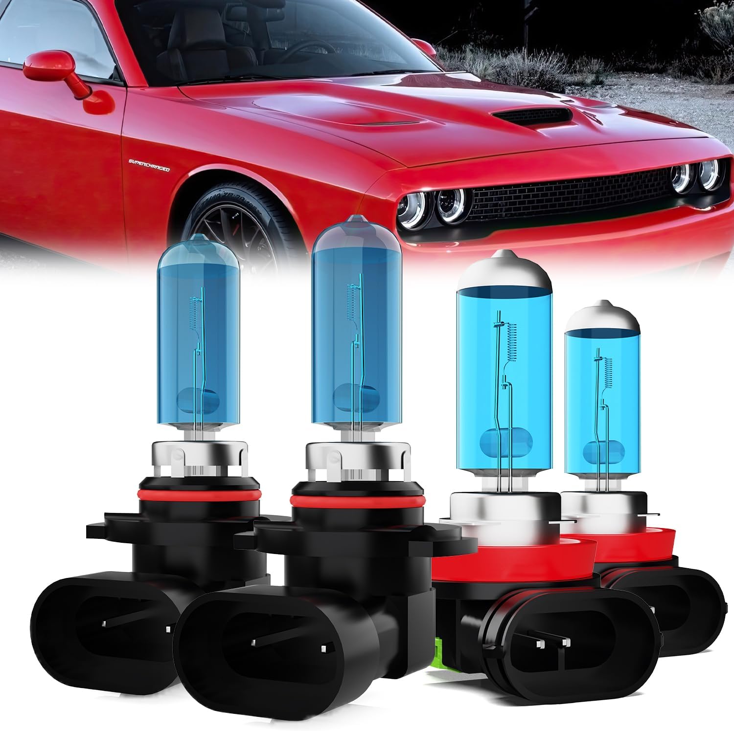 Headlight Bulbs Compatible With Dodge Challenger 2015-2020, 9012 High Low Beam + H11 Fog Lights Halogen Light Bulb Combo, Super Bright 6000K White, Plug and Play, Pack of 4