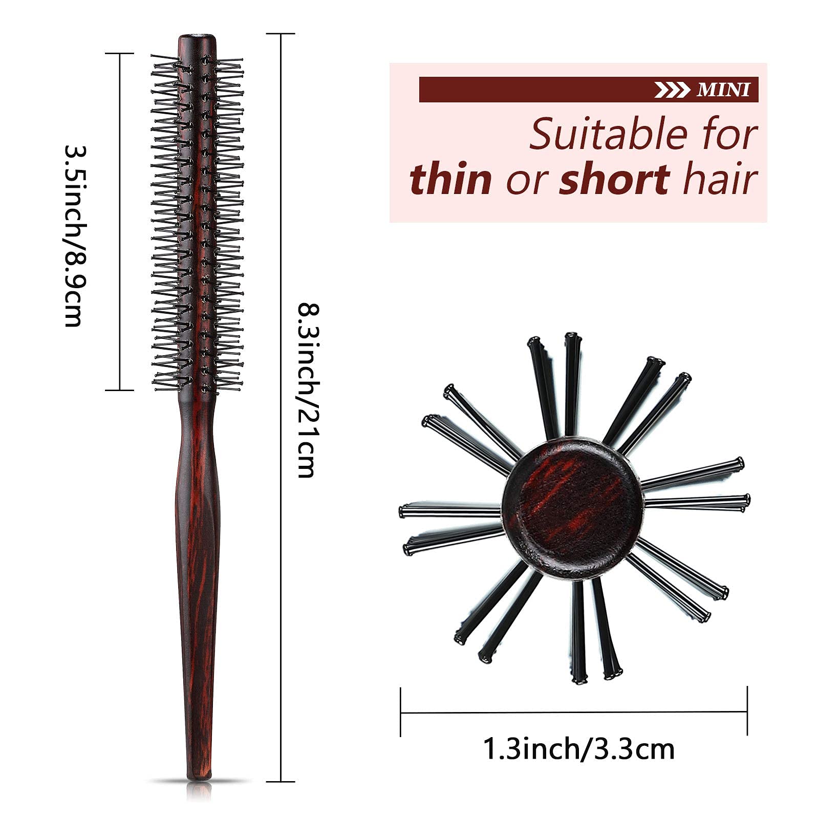Kleine Rundbürste für kurzes Haar, 2,5 cm Stylingbürste mit Nylonborsten und Holzgriff für Pixie-Schnitte, Pony, feines Haar, Locken und Volumen, 3 Stück