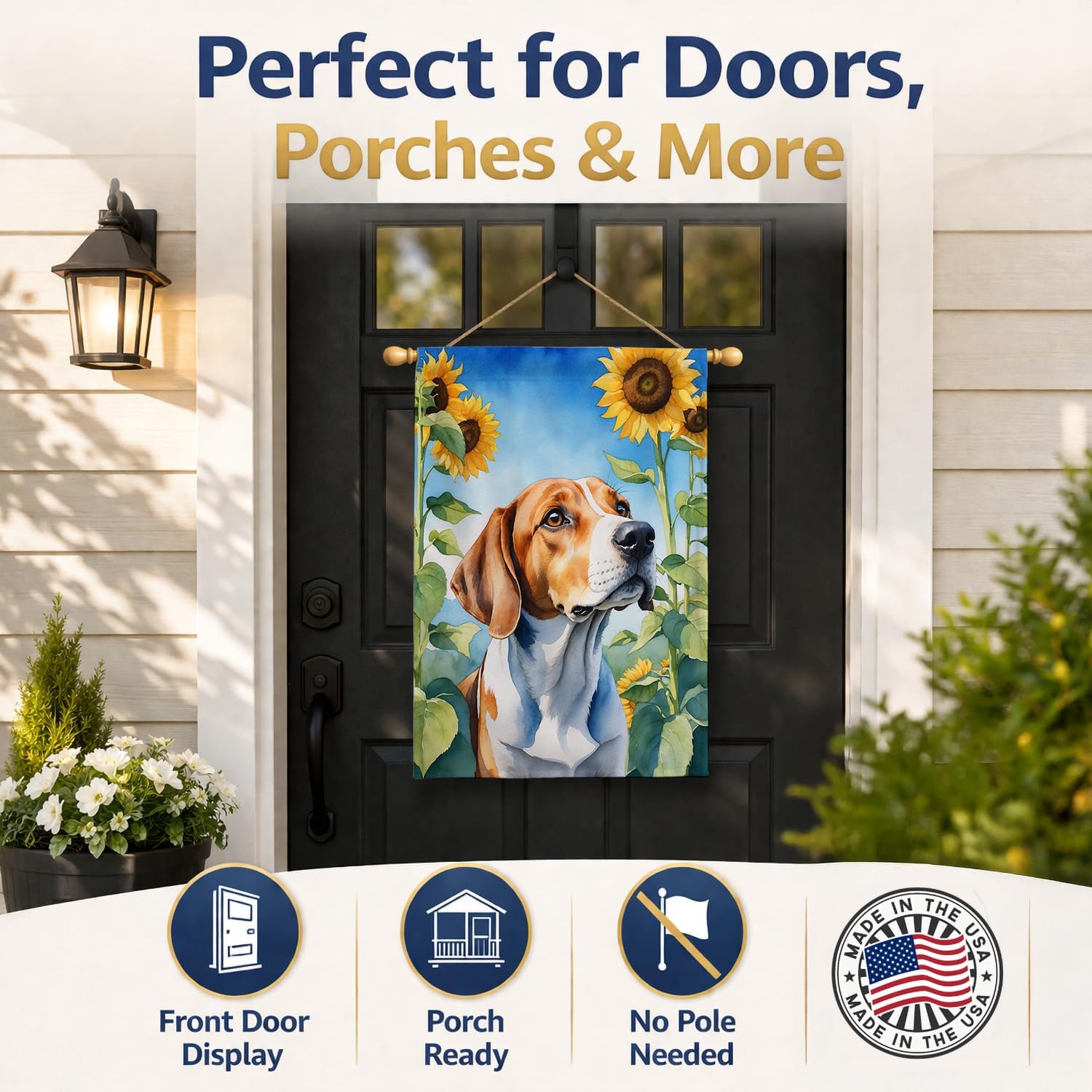 Caroline's Treasures DAC6074CHF English Foxhound in Sunflowers House Flag Large Porch Sleeve Pole Decorative Outside Yard Banner Artwork Wall Hanging, Polyester, House Size, Multicolor