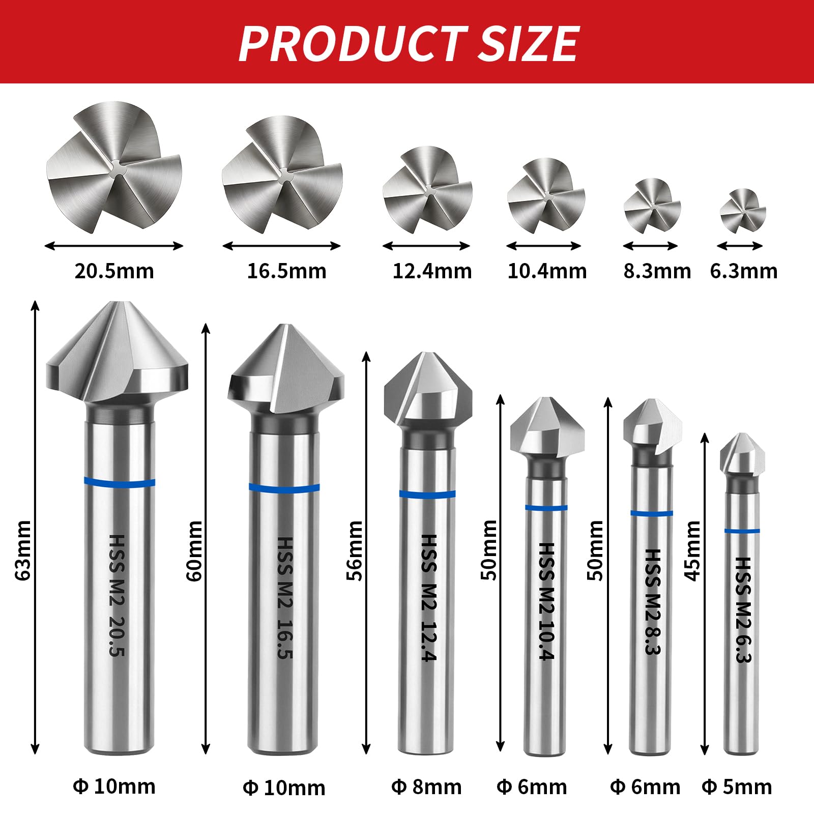 Set di 6 punte per svasatura HSS M2 3 profondità 90 gradi DIN335C per smussatura a terra, per acciaio inox, ghisa, alluminio, rame, plastica, 6,3-20,5 mm