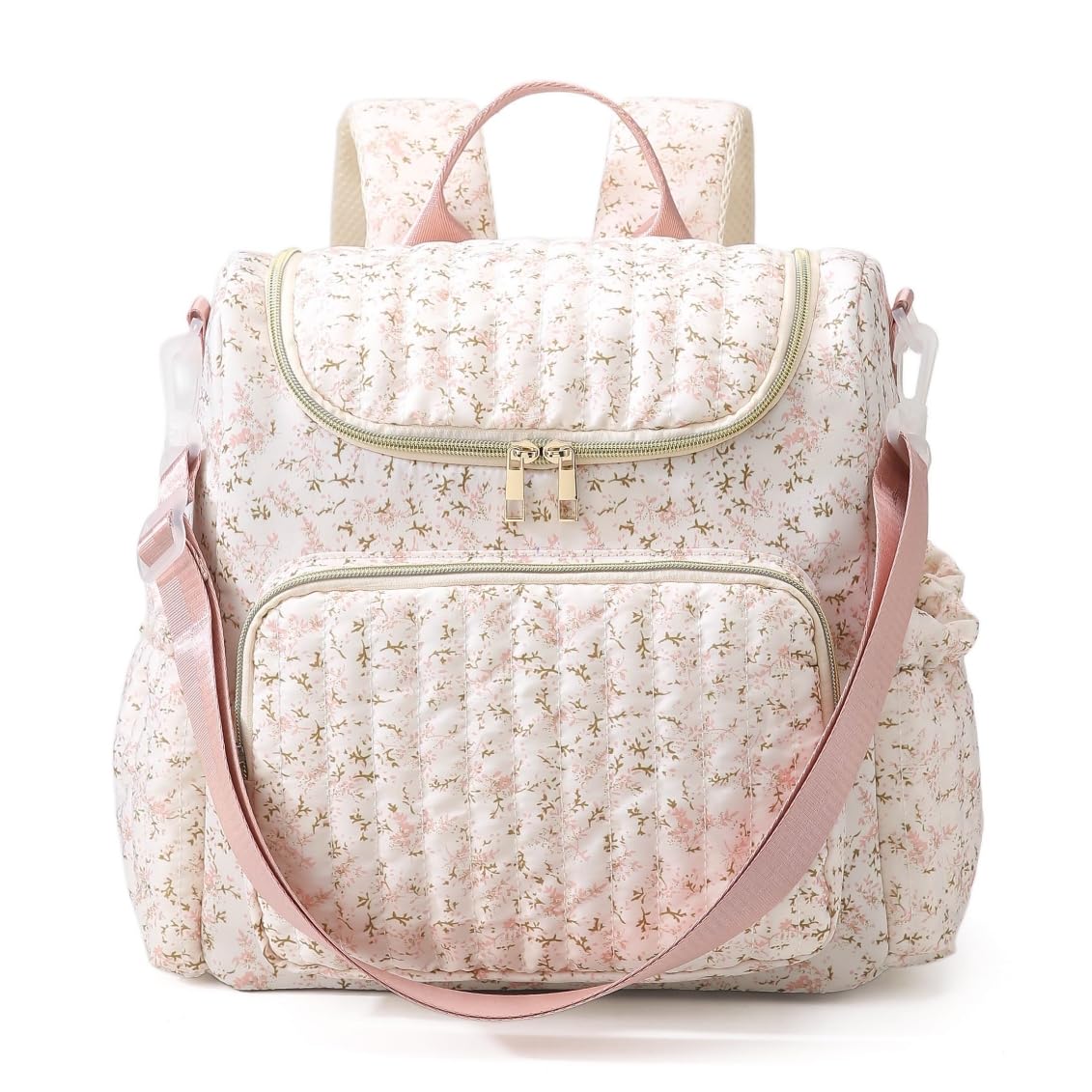 SDSFGX Floral Nappy Changing Bag Backpack Cotton Quilted Diaper Rucksack for Mums Baby Travel Backpack with Stroller Strap