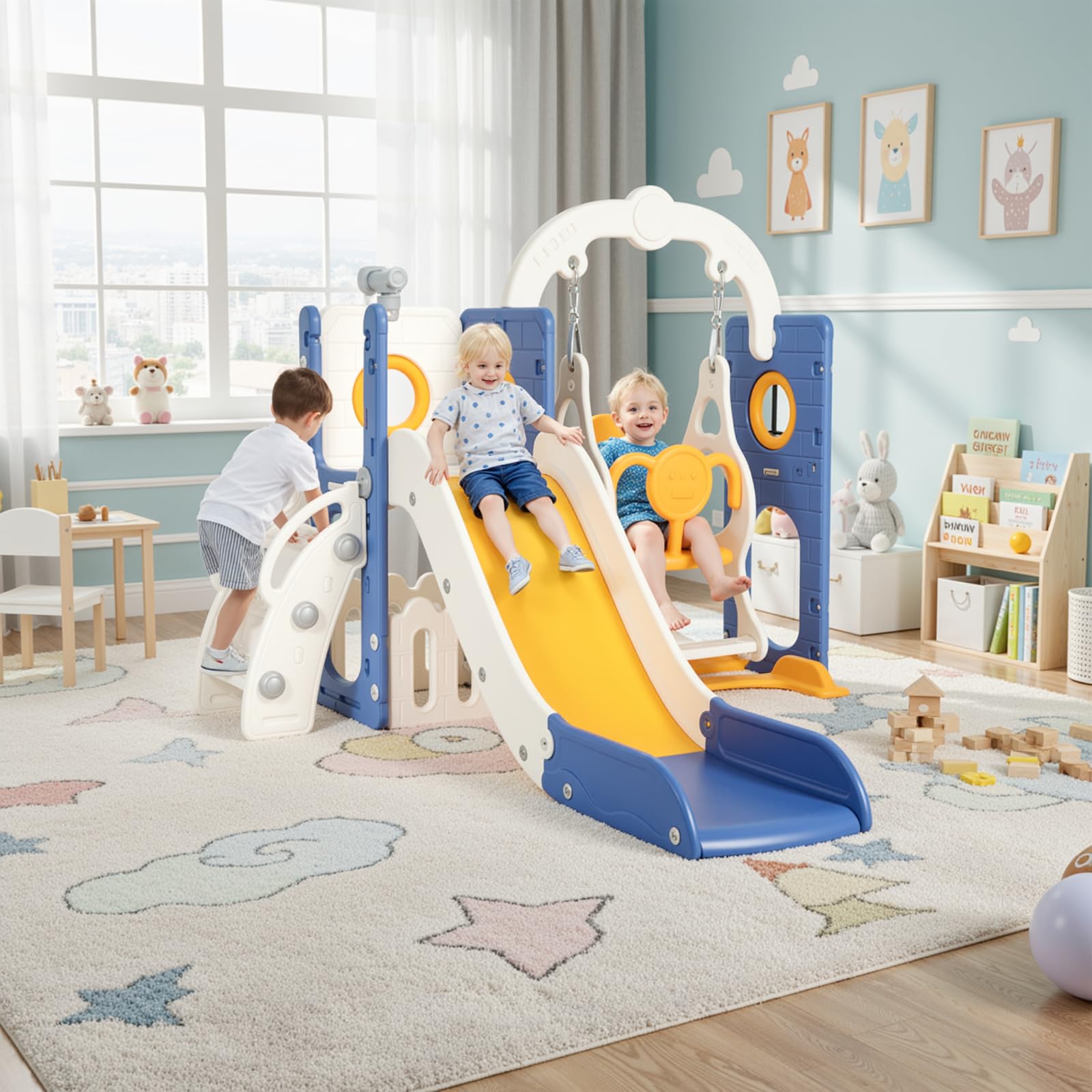 Tobogán y Columpio, Parque Infantil 5 en 1, con Tobogán Largo, Columpio, Escalada, Telescopio de Juego, Almacenamiento, Tobogán para Interior y Exterior, Juego de Tobogán para Bebé, Azul Amarillo
