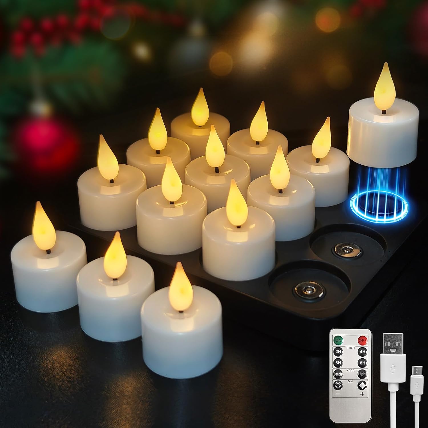 Rechargeable Flameless Candles with Magnetic Charging Station, Flickering LED Tealight Candle 12pcs & 1 Replacement Tea Lights Candle with Remote Control, Timer for Christmas Decor, Wedding, Party