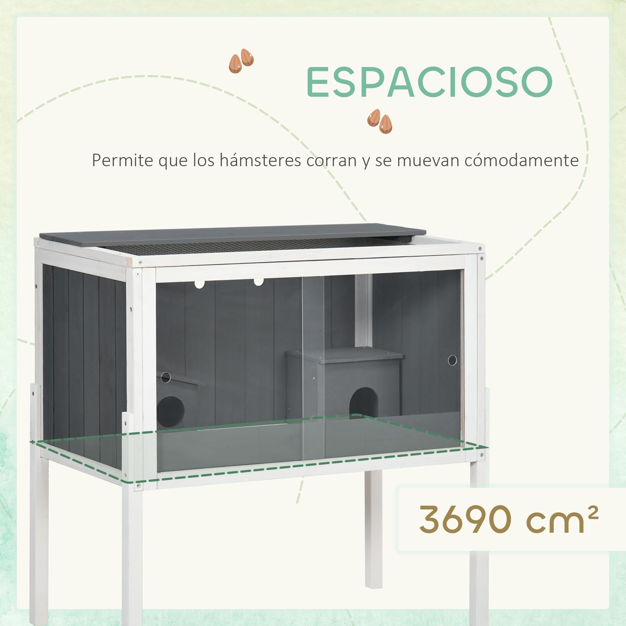 PawHut Jaula para Hámster de Madera 82x45x81 cm Casa para Roedores con Estante Desmontable 2 Puertas de Acrílico 2 Casitas para Animales Pequeños Gris Oscuro