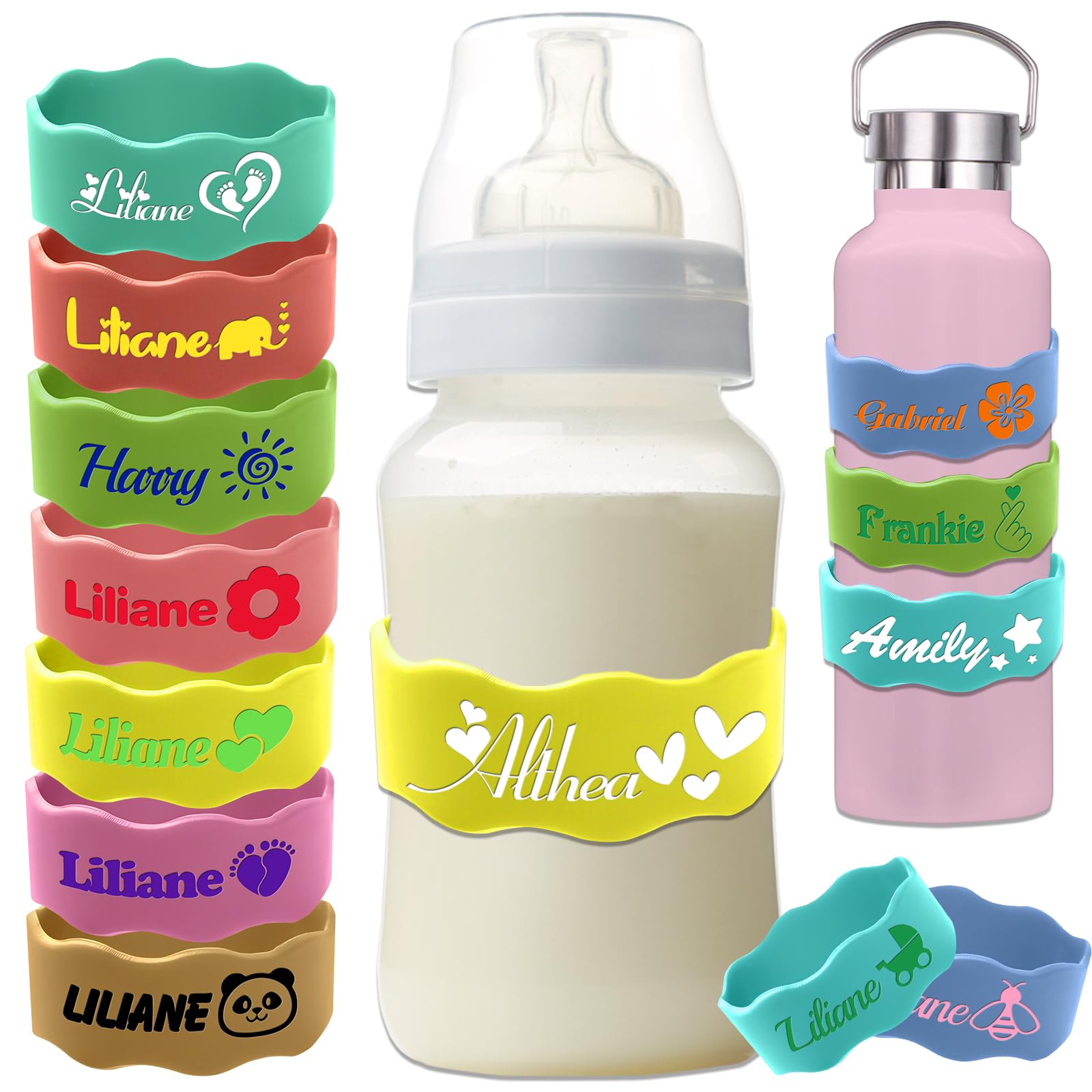 Engraving Personalised Baby Bottle Bands Custom Waterproof Baby Bottle Name Labels for Daycare School Customized Reusable Silicone Name Bands for Kids Cups
