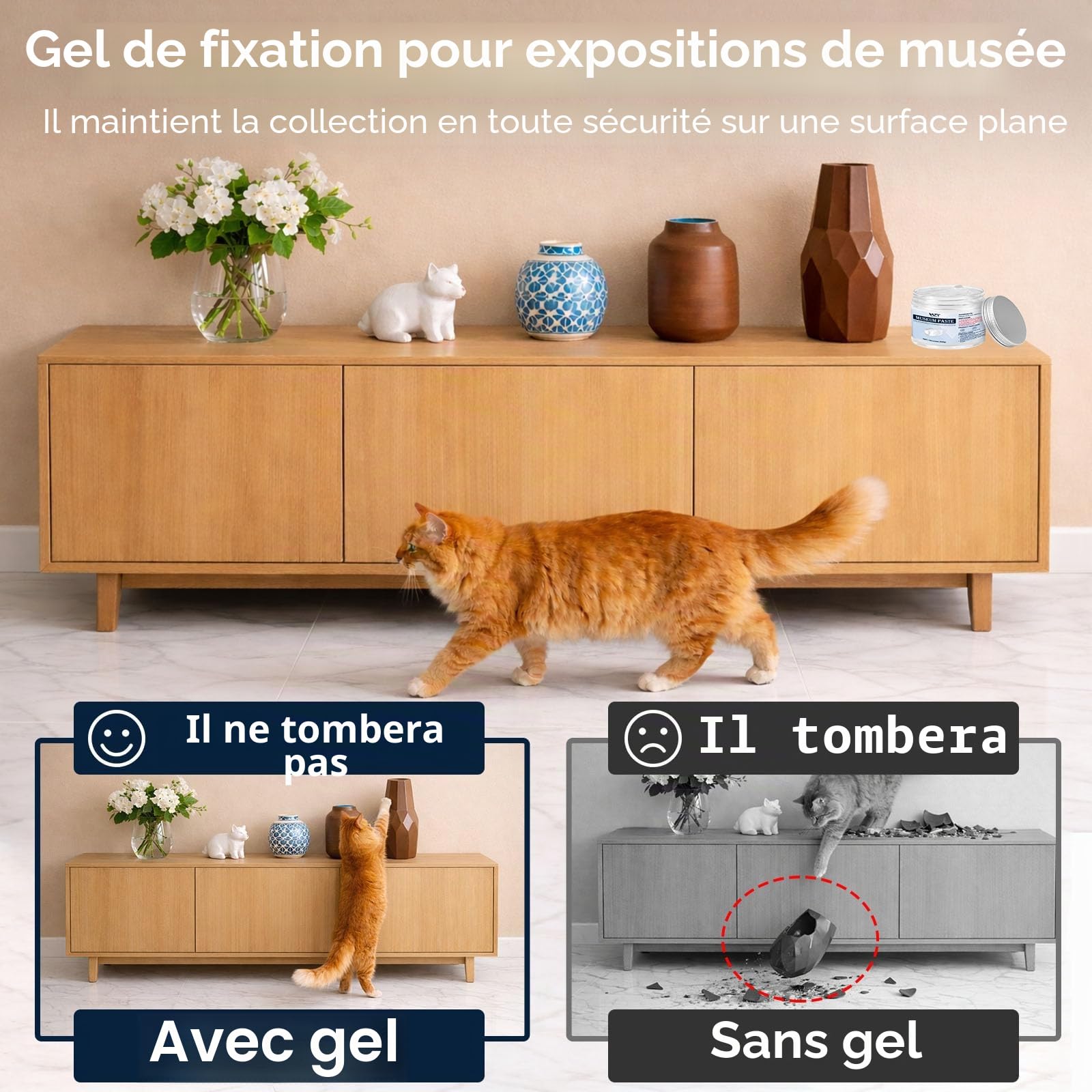 Clear Museum Gel 340 g, pate a fixe amovible pour collections de musées, museum putty réutilisable, pour la protection des objets fragiles, antiquités, verre et céramique.