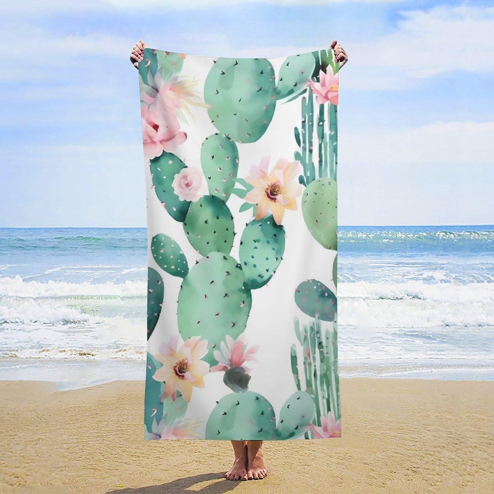 NTVOWPZO Cactus Pattern Beach Towel Oversized Microfiber Bath Towels Lightweight Sand Proof Beach Towels Absorbent Pool Towels for Swimming Yoga Bathroom Towel 31.5" X 63"