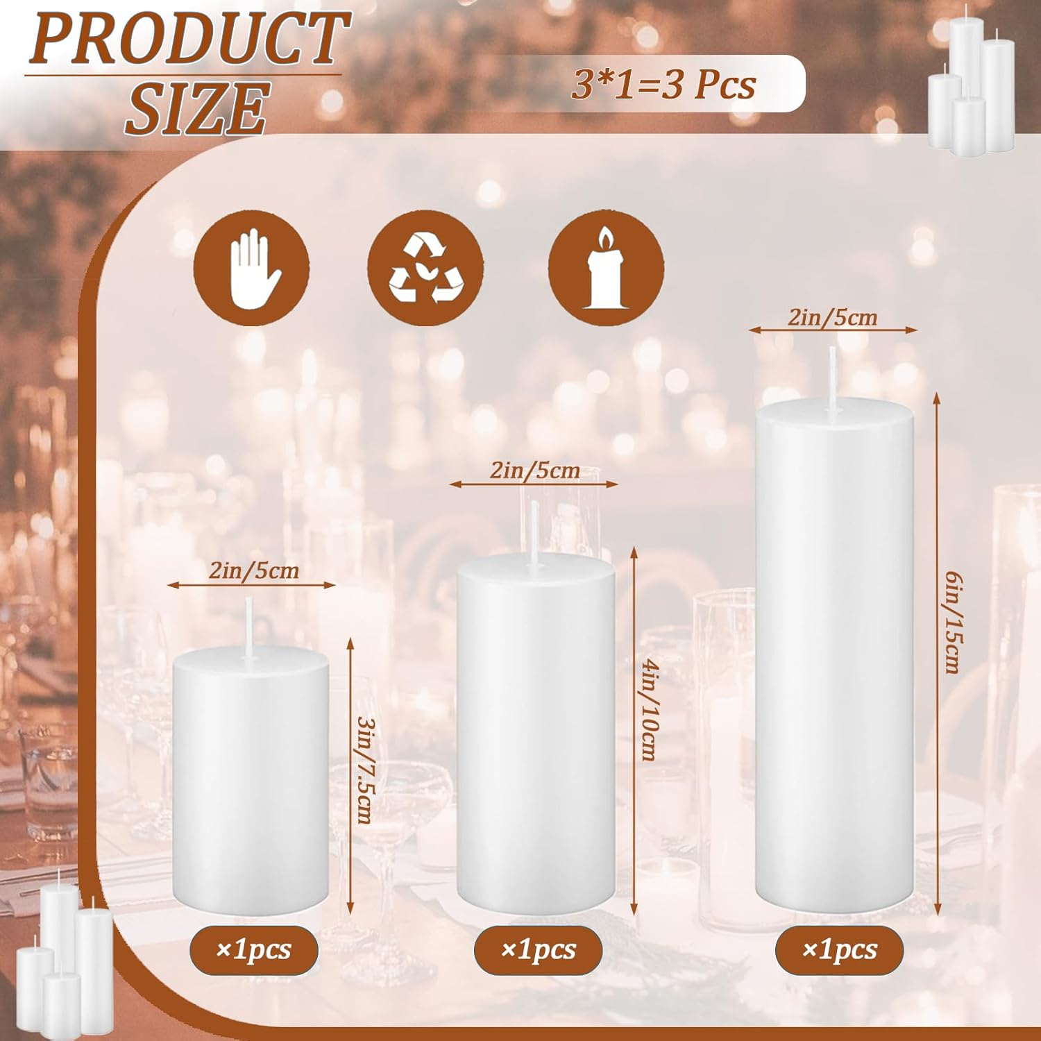 18 pcs white pillar candles bulk set?hurricane candles?3 different lengths 2 x 3/4/6 inch (6 each)?dripless unscented smokeless?gives you a better atmosphere when organizing an event party. 18 flat-top 2 x 3/4/6 inch