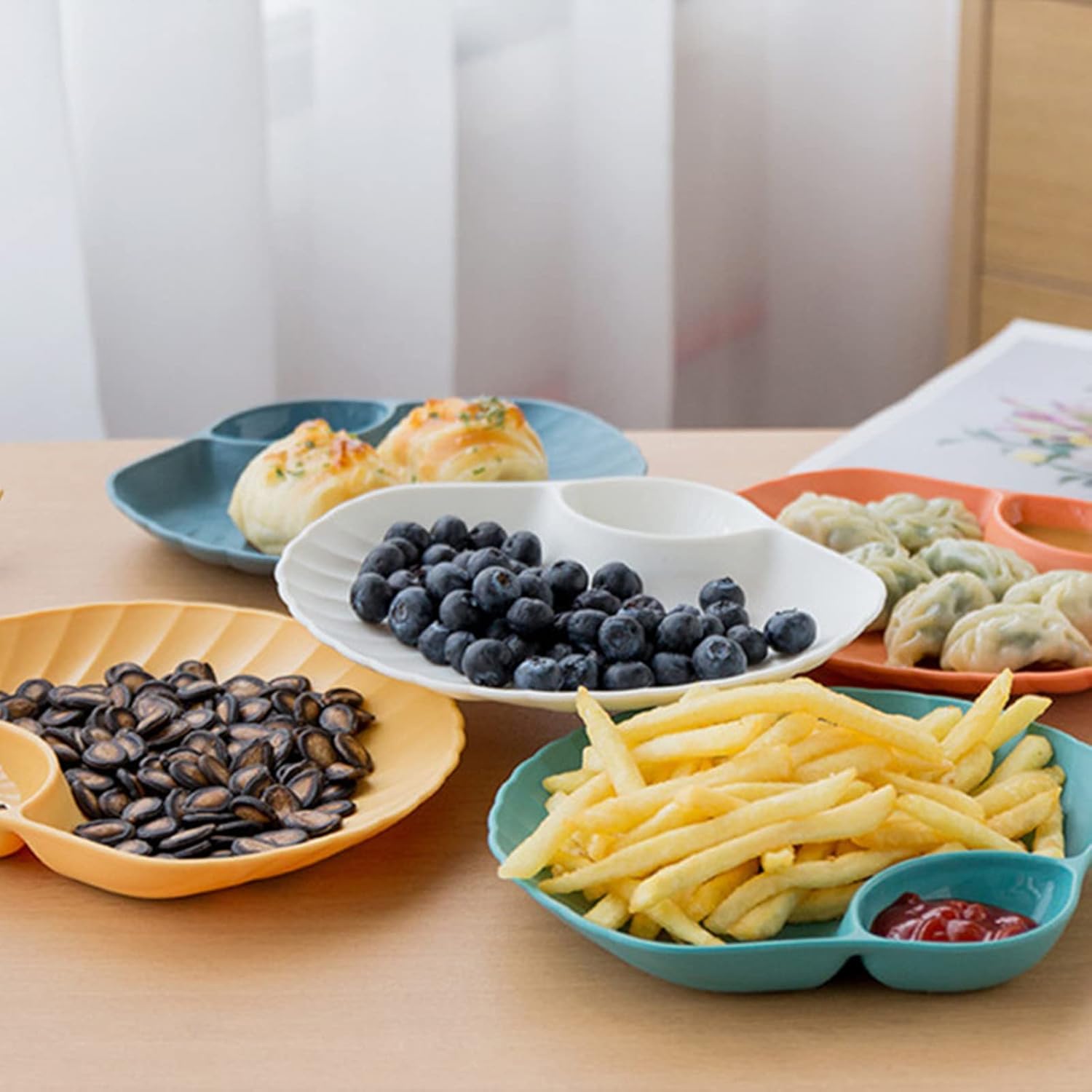  | ZOOFOX Set of 10 Chips and Dip Plates, Plastic Divided Snack Plate for Dip, Appetizers, Snacks, Veggies, Chips, Two Compartment Serving Tray Set for Party, Festival and More: Chip & Dip Sets