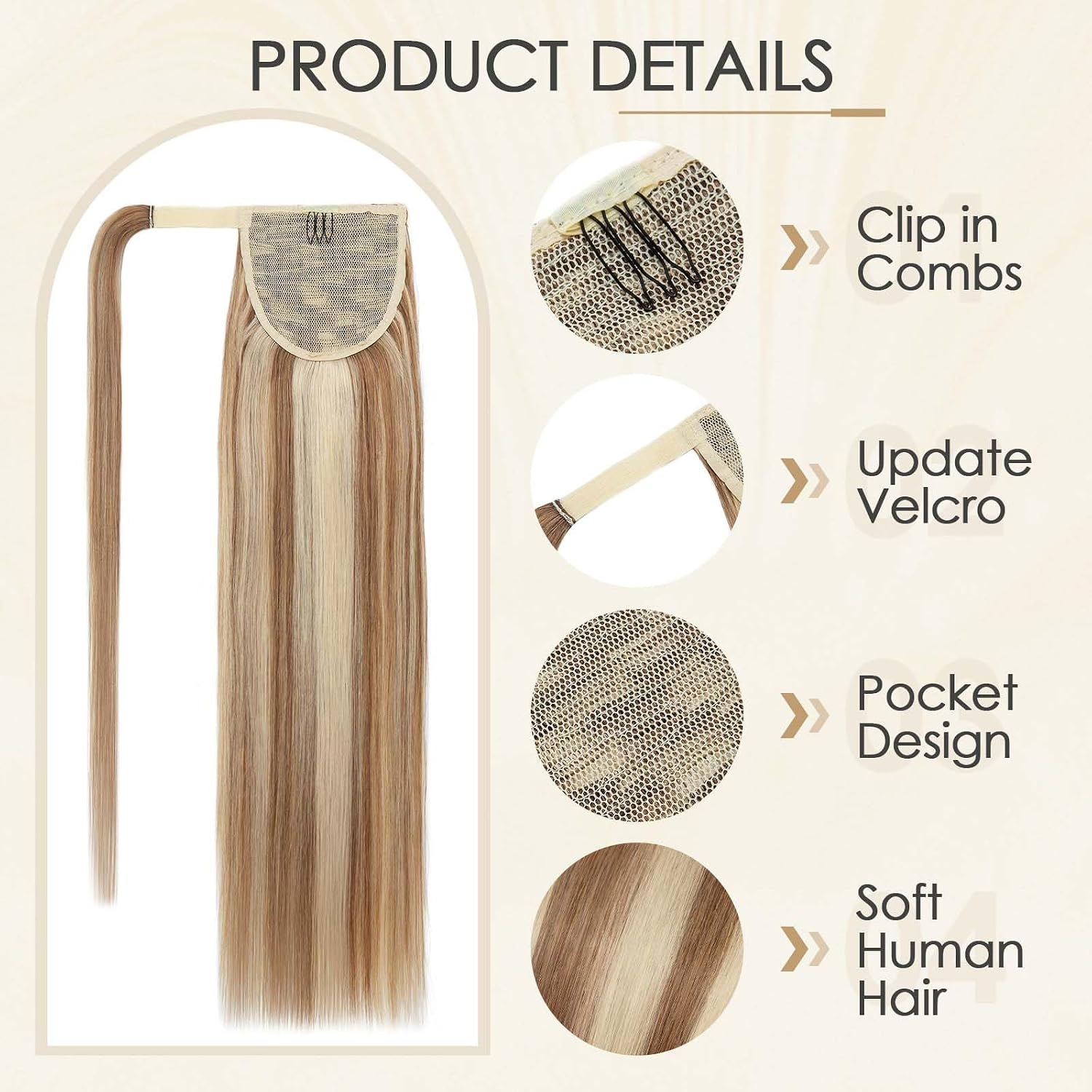 Benehair Ponytail Extension Wrap Around Ponytail Hair Extension with Magic Paste Human Hair Natural Long Straight One piece Hairpieces for Women 22inch Adding Volume Golden Brown&Bleach Blonde #12P613