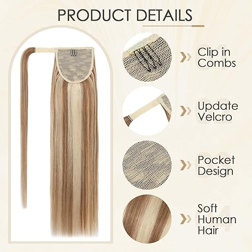 Miniatura 10 de Benehair Extensión de cola de caballo envolvente con pasta mágica, cabello humano real, cola de caballo natural, de 18 pulgadas de largo, lacio,