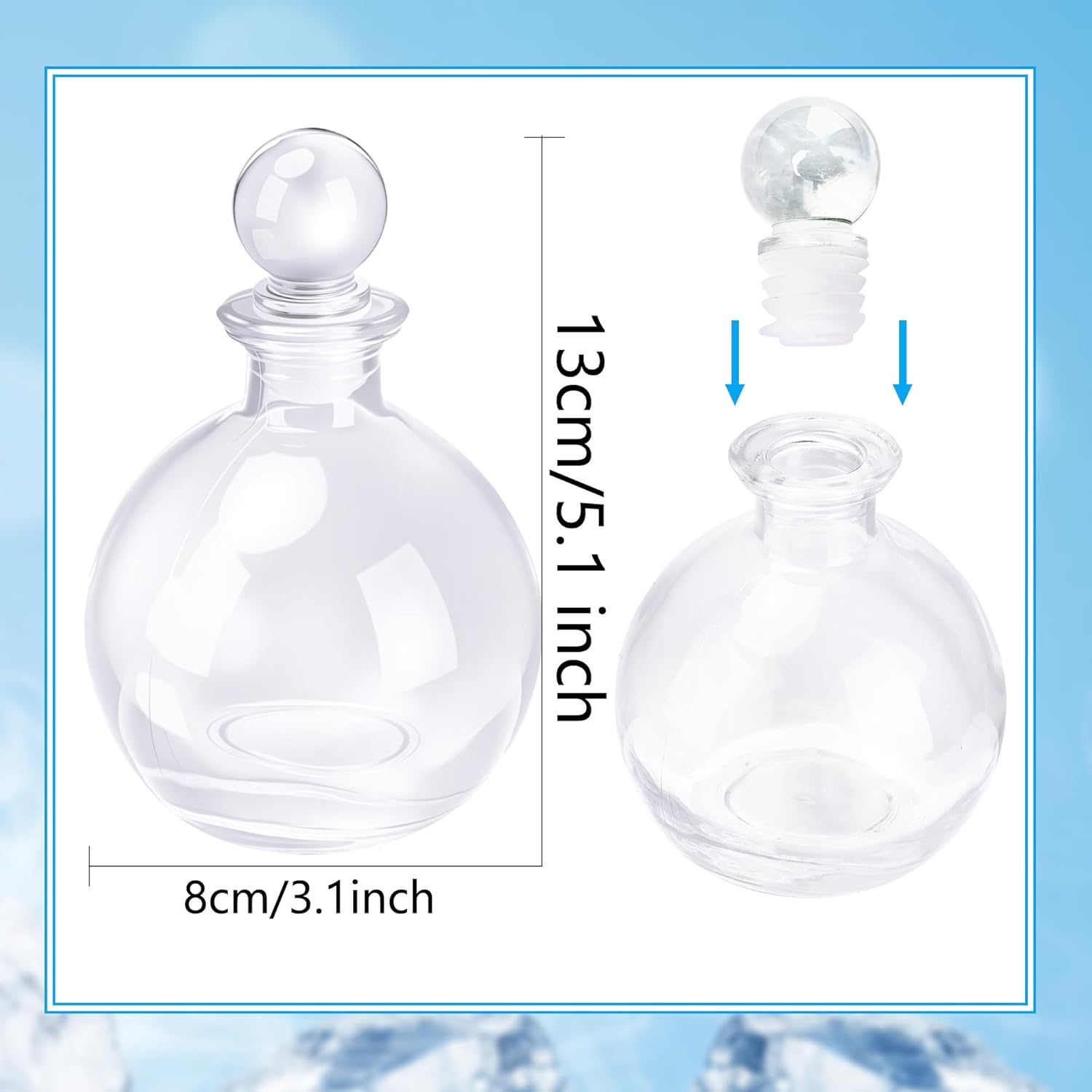 15 Pcs Glass Potion Bottle 240 ML Clear Round Spherical Decorative Magic Season Potion Bottles with Glass Stopper for DIY Art Home Decor Liquor Party Gift Snow