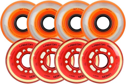 Labeda Roller Hockey Wheel Premium X-Soft 74A Youth Hilo Combo 68mm 72mm Union + Red Orange