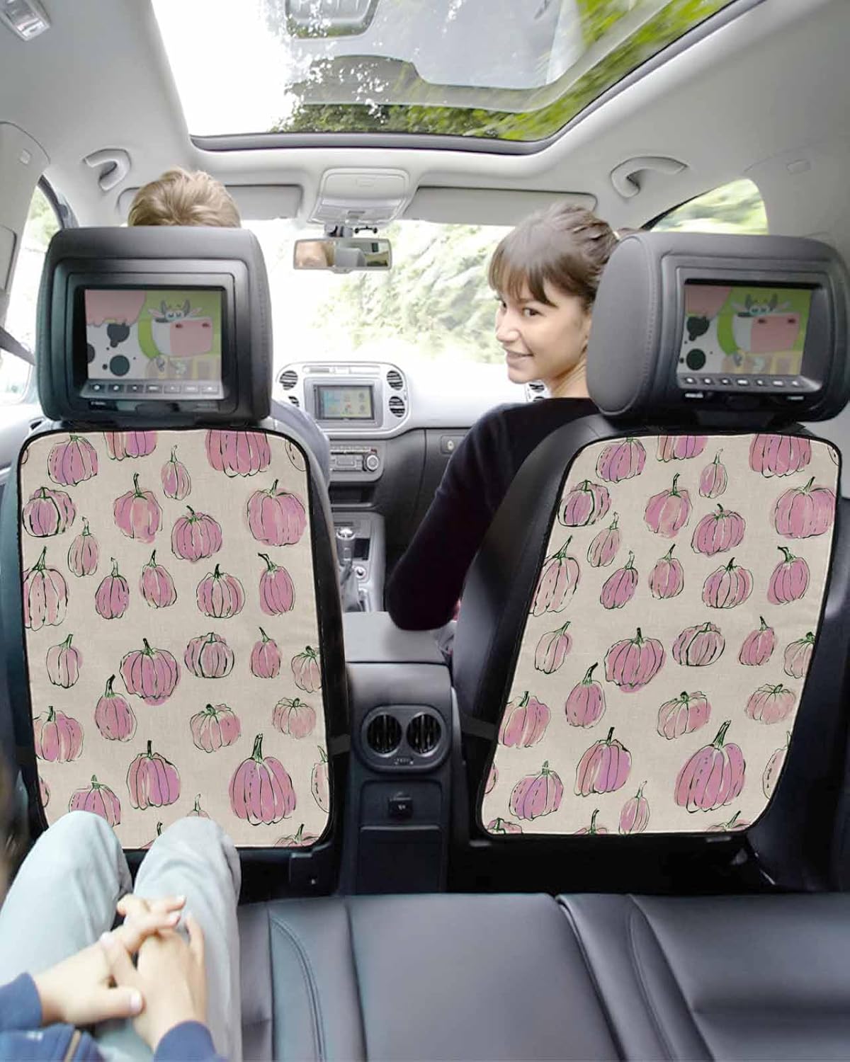 T&H XHome Car Seat Protector, 2 Pack Kick Mats Back Seat Protector Fall Thanksgiving Pink Pumpkin Simple Lines Linen Waterproof Backseat Cover for Kids Universal Fit Automotive Interior Protectors
