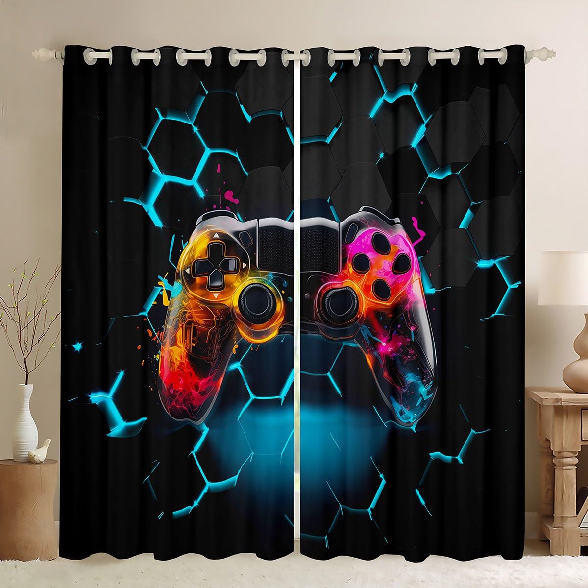 Manfei Geometric Gamepad Blackout Curtain Blue Honeycomb Gaming Window Treatments, Modern Gamer Window Drapes for Kids Boys Teens Adults Grommet Top 2 Panel Set Bedroom Curtains, 46Wx54L inch โ image 1