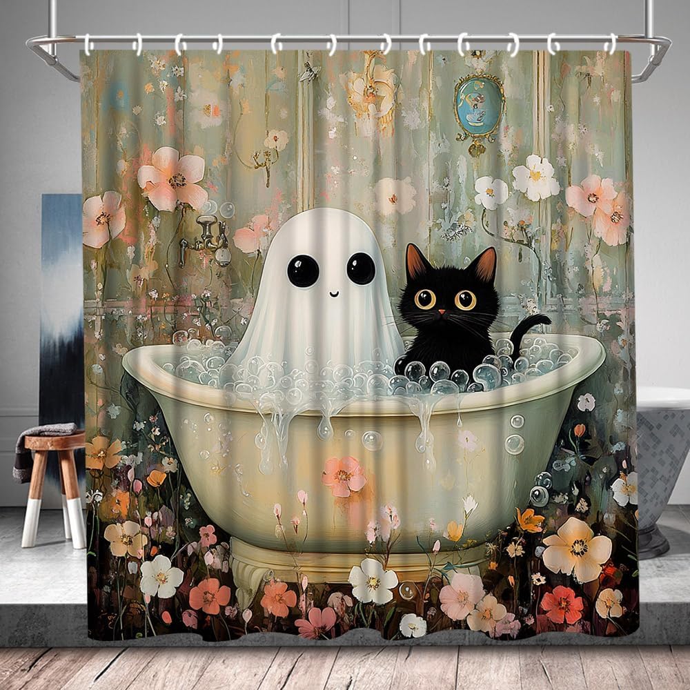 Halloween Shower Curtain Funny Ghost and Black Cat in Bathtub Boho Floral Leaves Horror Gothic Fall All Saints'Day Autumn Rustic Farmhouse Bathroom Bathtub Set Polyester with Hook 90Wx70H Inch