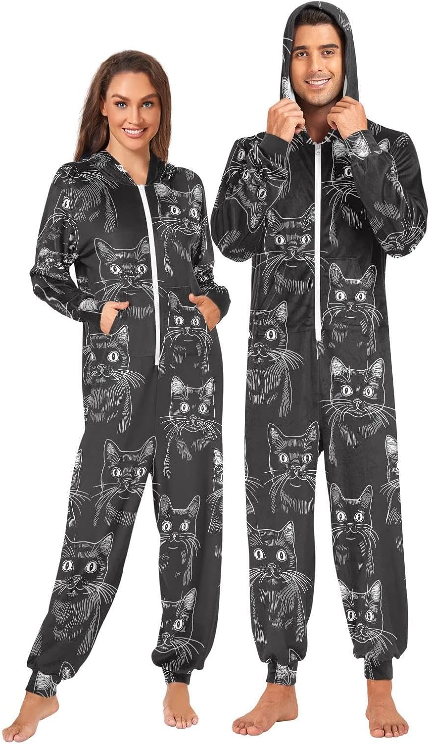 ZZKKO Abstract Line Black Cat Adult Onesie Pajamas for Women Men Cozy One Piece Pajamas Costume Zip-Up Hooded S-XL