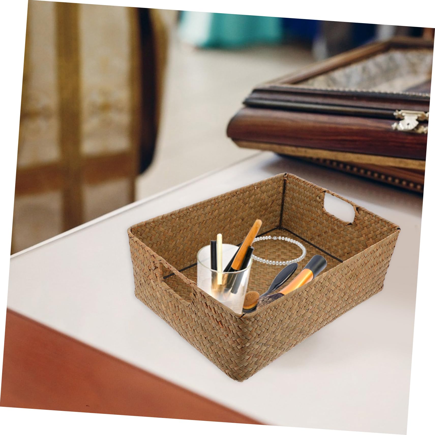 Cabilock 1Pc Retro Handwoven Seaweed Storage Basket Stylish Home Decor for Kitchen Living and Bedroom Tabletop Organizer for Cosmetics and Miscellaneous Items