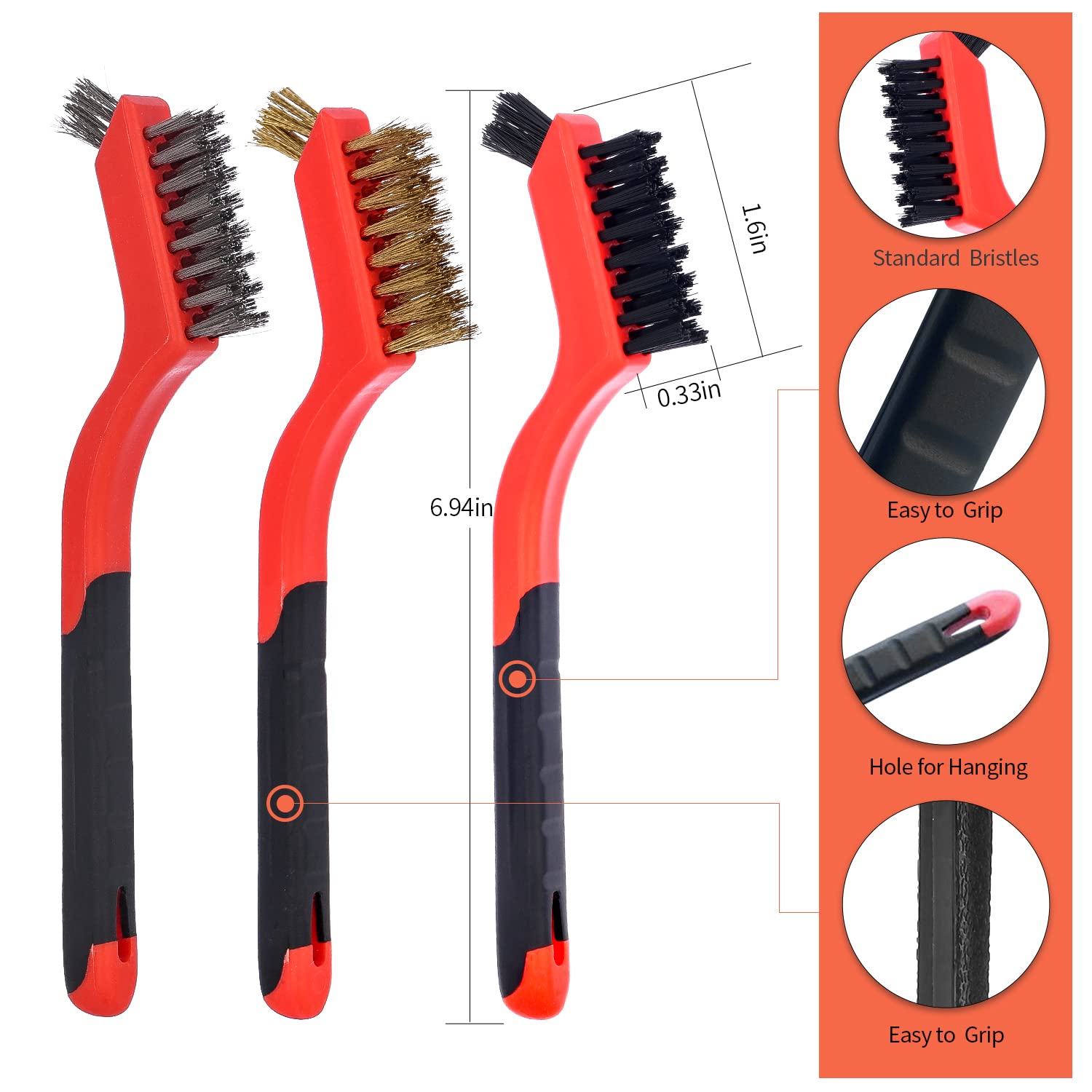 Small Wire Brush Set - 8 Pieces Brass Stainless Steel Nylon Brushes for Cleaning Rust Removal Dirt Paint Scrubbing Double-Ended Cleaning Pick (Orange, 8 Pieces)
