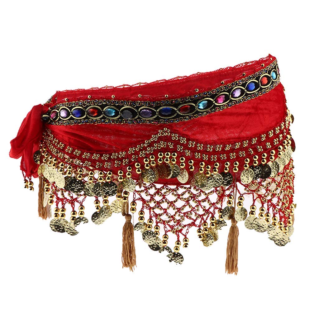 Gold Coin Belly Dance Hip Scarf Wrap Belt Indian Dancer Skirt Latin Costumes Red 150