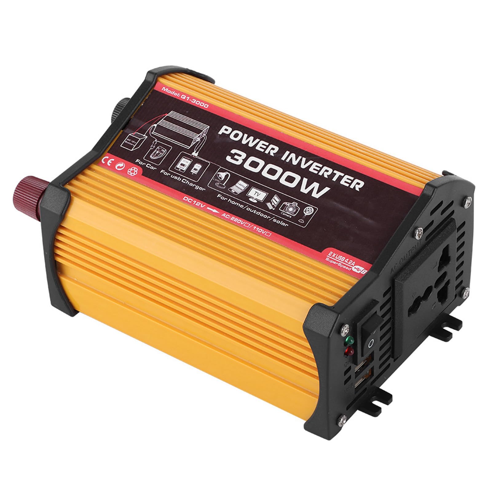 Convertidor de corriente de 3000 W, convertidor automático de CA modificado, adaptador de coche sinusoidal con doble puerto USB, salida de carga rápida (12 V a 110 V)