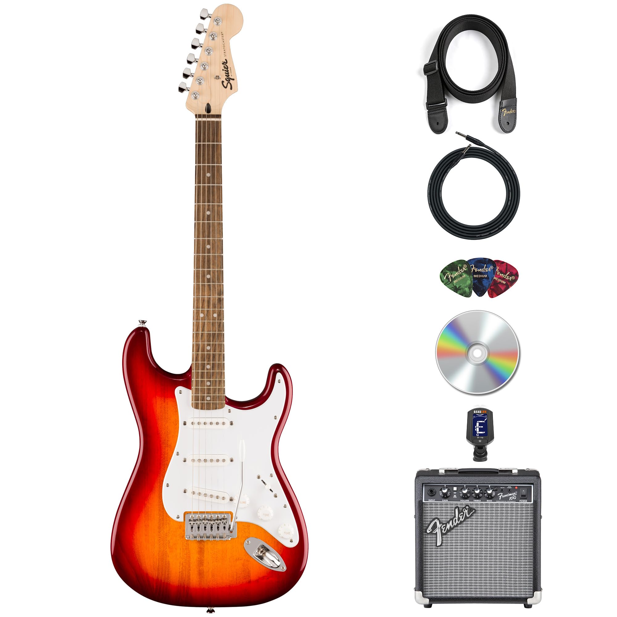 Fender Squier Sonic Stratocaster - Sienna Sunburst Bundle with Frontman 10G Amplifier, Instrument Cable, Tuner, Strap, Picks, and Austin Bazaar Instructional DVD
