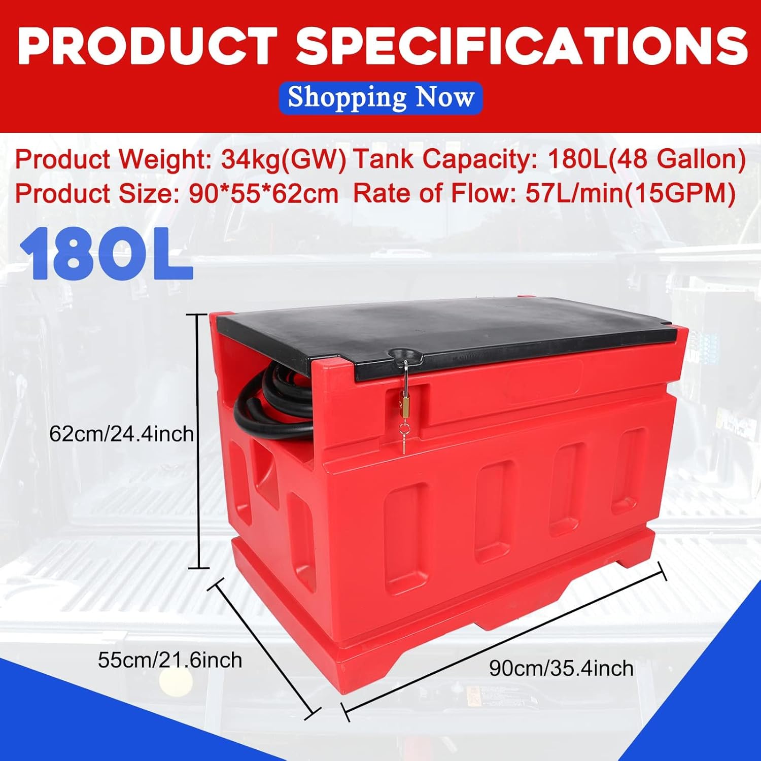 Portable Gasoline Diesel Fuel Transfer Tank with Pump, 15GPM High Flow Rate, 48 Gallon Portable Fuel Tank with 12V DC Electric Fuel Transfer Pump for Gasoline Diesel Dual Fuel Capability