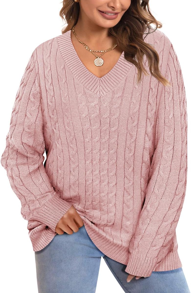 CARCOS Plus Size Sweaters for Curvy Women Long Sleeve Cable V Neck Sweater Knit Pullover Preppy Style Fall Winter XL-5XL