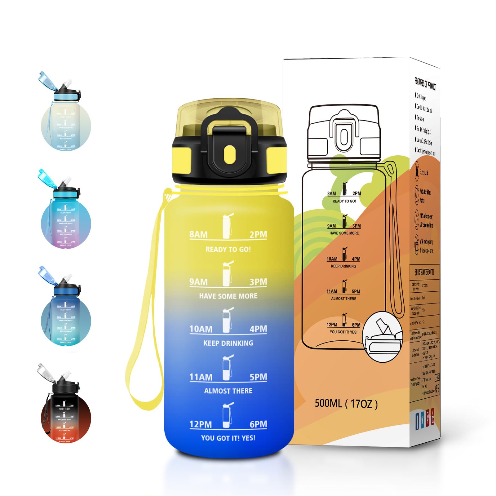 500ml Water Bottle with Time Markers and Straw, Reusable Water Bottle, BPA Free, Leak Proof for School, Office and Sports