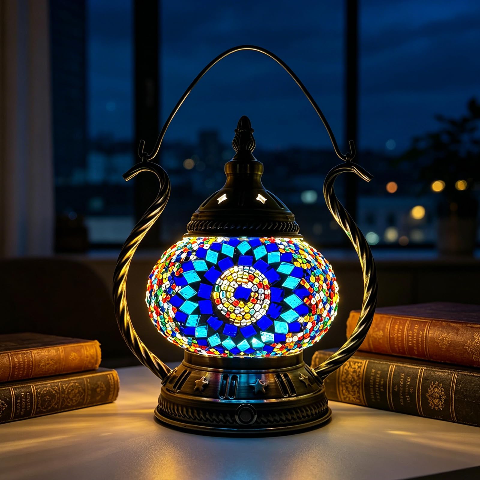 Lampada da tavolo a mosaico turco, realizzata a mano, in vetro colorato, con manico, stile Tiffany, lampada da comodino bohémien, ricaricabile tramite USB, lanterna marocchina, per decorazione camera