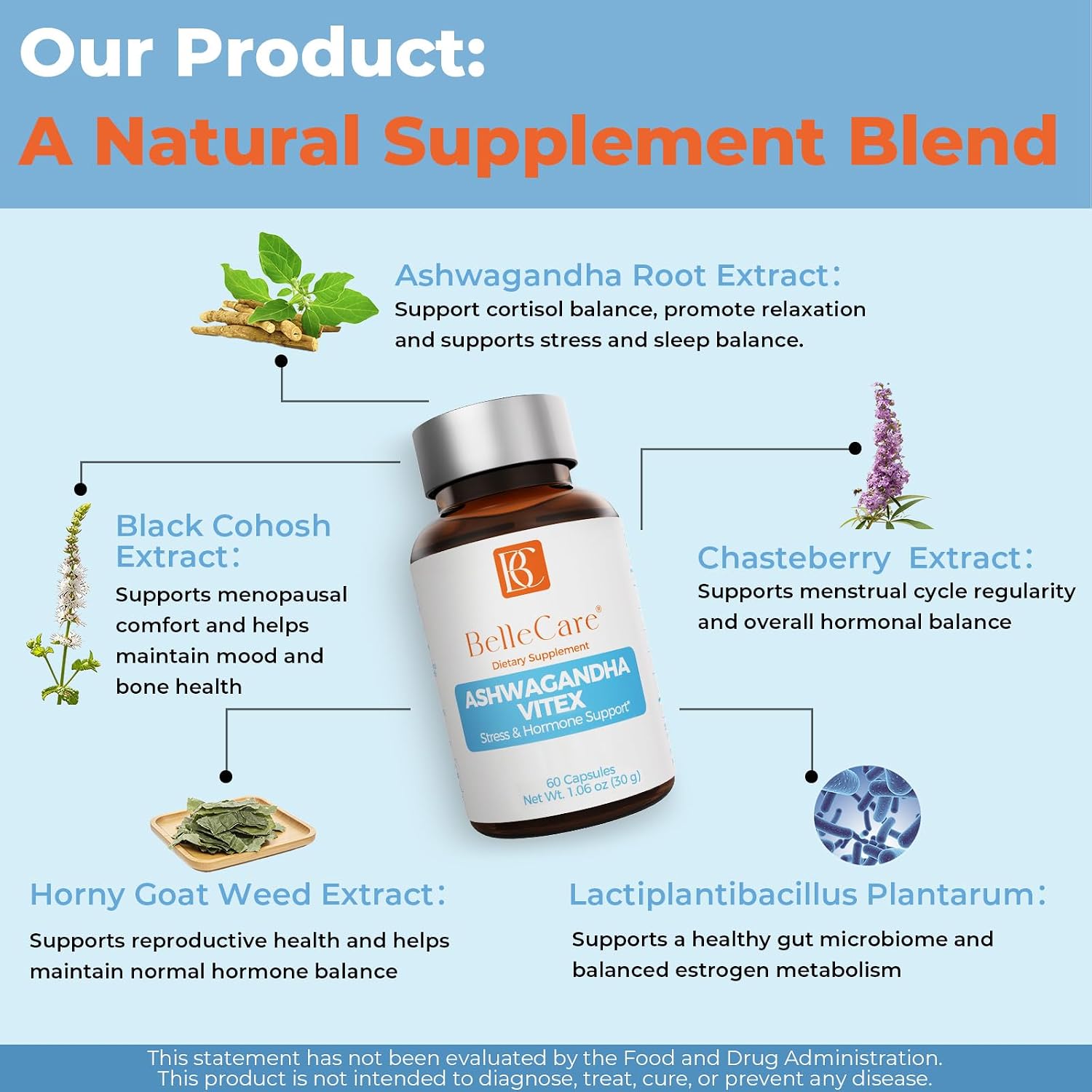 BELLECARE Hormone Balance Capsules for Women, Cortisol Supplements, Female Menopause Supplement with Ashwagandha 600mg Per Serving,Chaste Berry,Black Cohosh for Stress, Mood, Sleep Support,60 Count