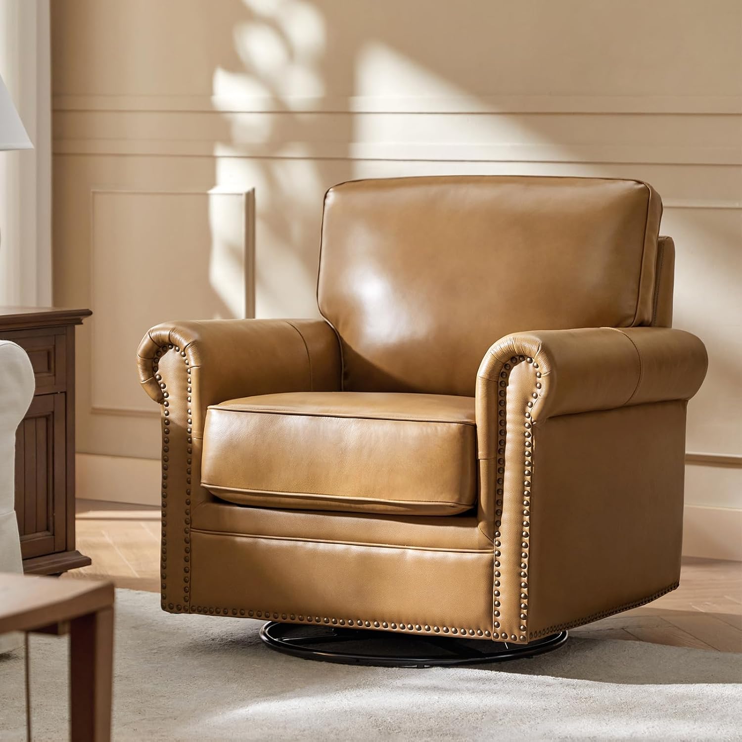 HULALA HOME Genuine Leather Swivel Rocker Chair, Swivel Rocking Barrel Chair with Nailhead Trims, Traditional Leather Accent Chair for Living Room, Easy Assembly, Camel