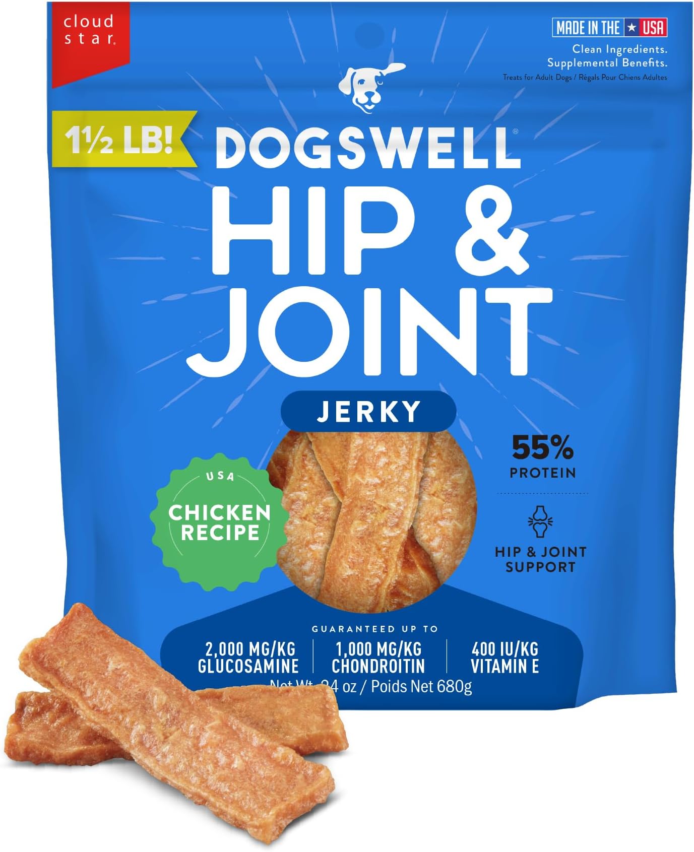 Jerky Hip and Joint Dog Treats Grain Free Made in USA Only, Glucosamine and Chondroitin, 24 oz Chicken