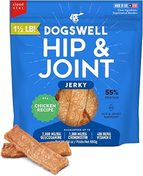 Dogswell Jerky Hip and Joint Dog Treats Grain Free Made in USA Only, Glucosamine and Chondroitin, 24 oz Chicken