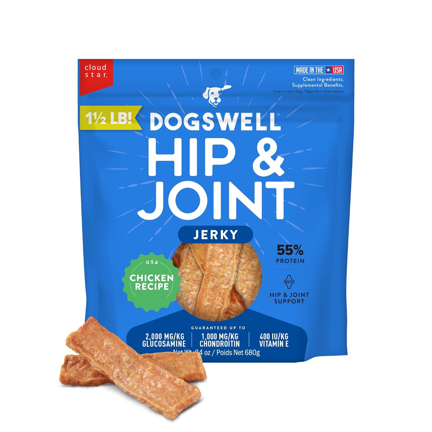 Dogswell Jerky Hip and Joint Dog Treats Grain Free Made in USA Only Glucosamine and Chondroitin 24 oz
