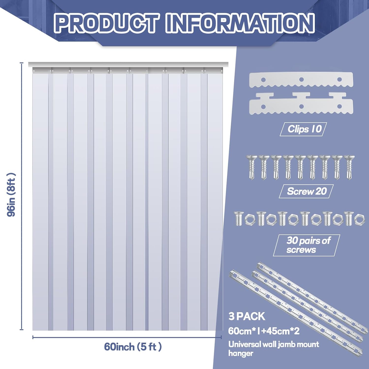 Juexica 60 x 96 Inch Plastic Strip Door Curtain Kit 0.08'' Walk in Cooler Curtains PVC Freezer Door Curtain Smooth Waterproof Insulation Hurricane Shutters Gate for Warehouse Garage Industry (Clear)